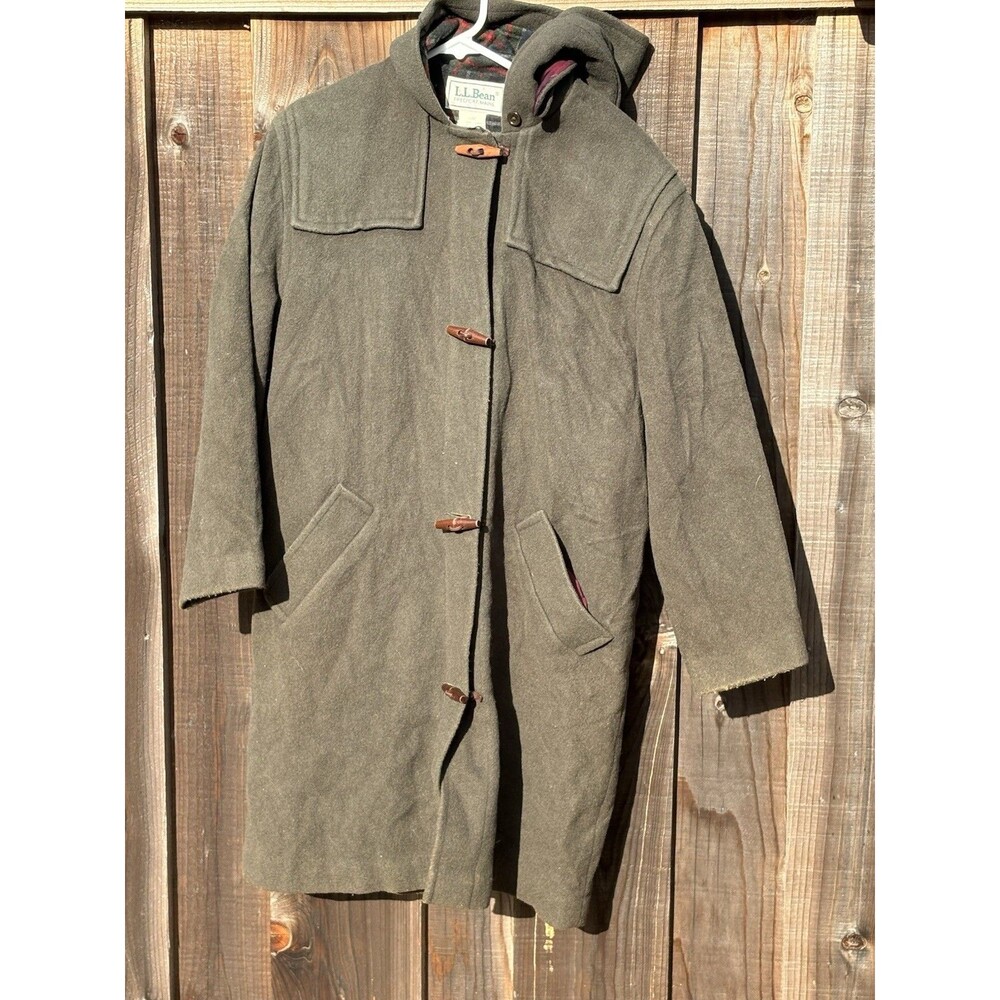 Vtg 80s LL Bean Wool Duffle Coat Hooded Toggle Jacket Plaid Lined USA Women M/L